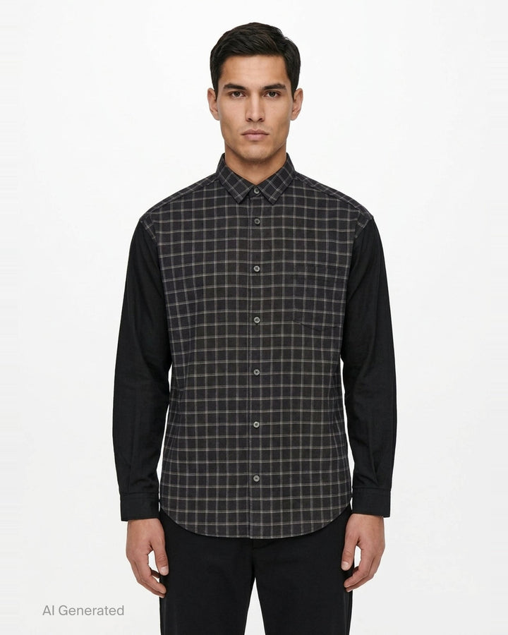 Comme des Garçons Homme long sleeve shirt with dark windowpane check cotton body and contrast solid black cotton broad cloth sleeves, shown flat on a white background - front