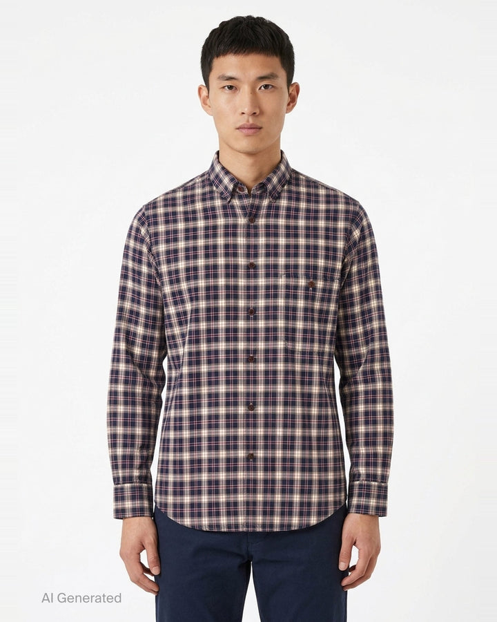 Comme des Garçons Homme cotton twill long sleeve shirt in navy, white, red, and olive plaid check with button-down collar and chest pocket - front