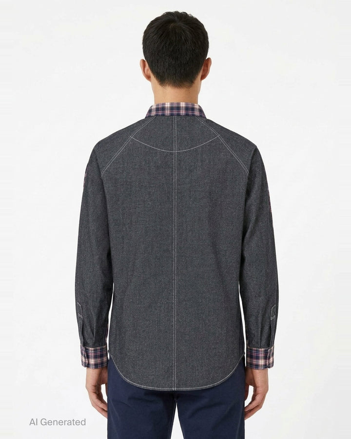 Comme des Garçons Homme cotton twill long sleeve shirt in navy, white, red, and olive plaid check with button-down collar and chest pocket - back