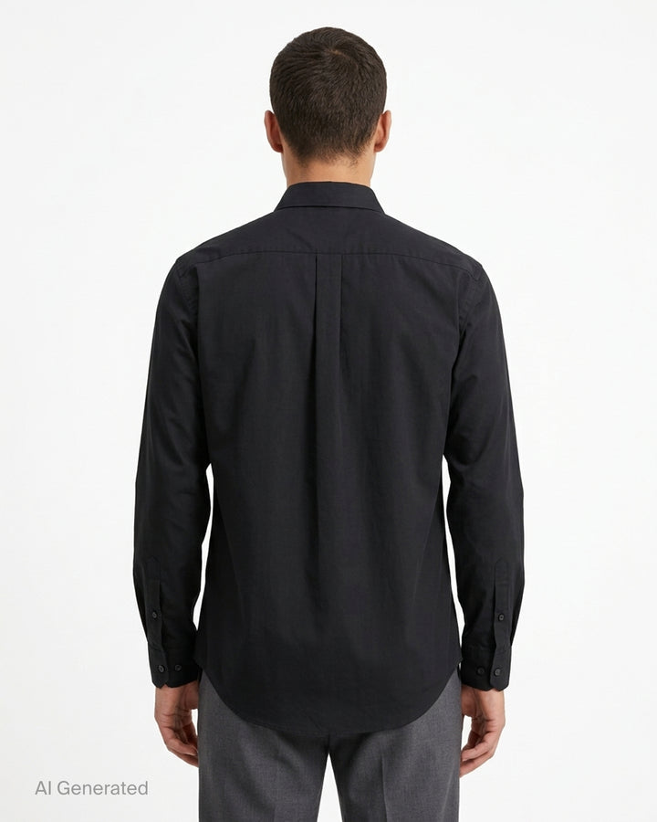 Comme des Garçons Homme Deux black cotton poplin long sleeve shirt with a silver zip front, point collar and chest patch pocket - back