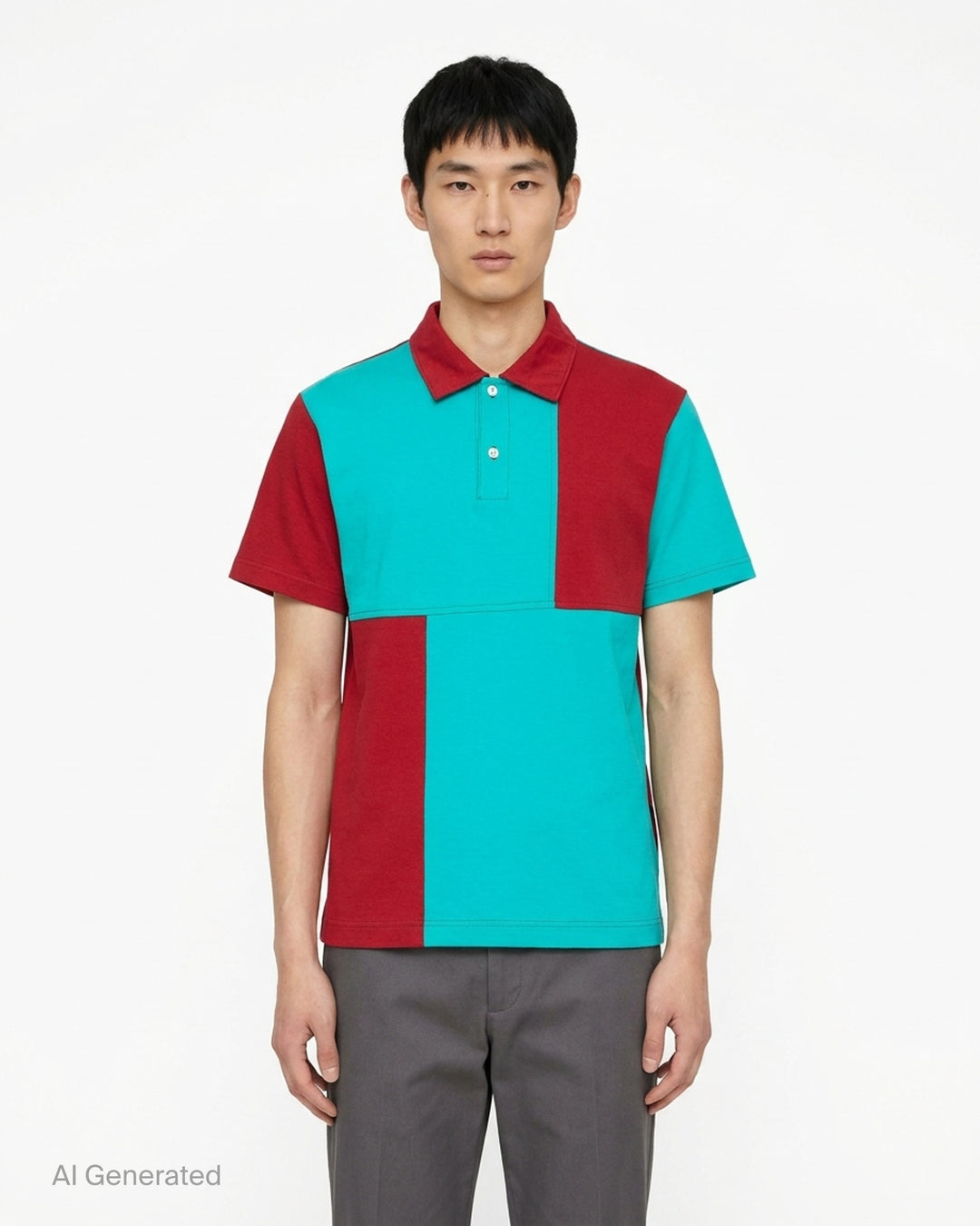 Comme des Garçons Homme Deux colour-block polo shirt in teal and deep red cotton jersey with contrast topstitching and two-button placket - front