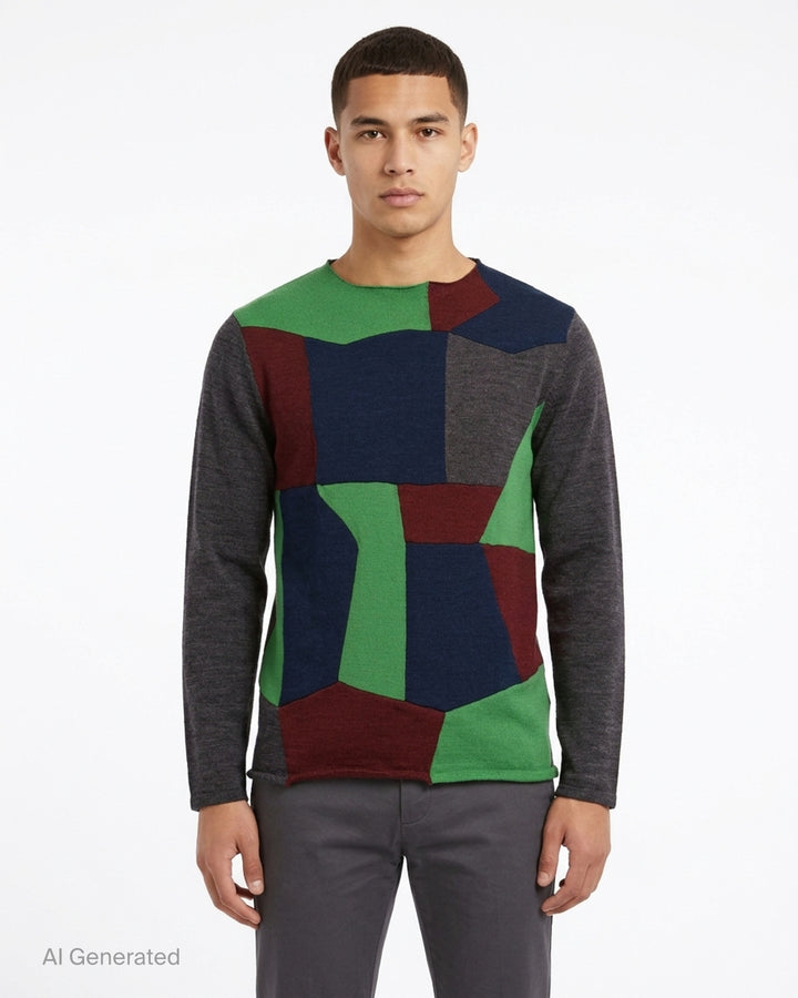 Comme des Garçons Homme Deux long sleeve crew-neck sweater with geometric patchwork panels in green, burgundy and navy on a charcoal grey knit - front