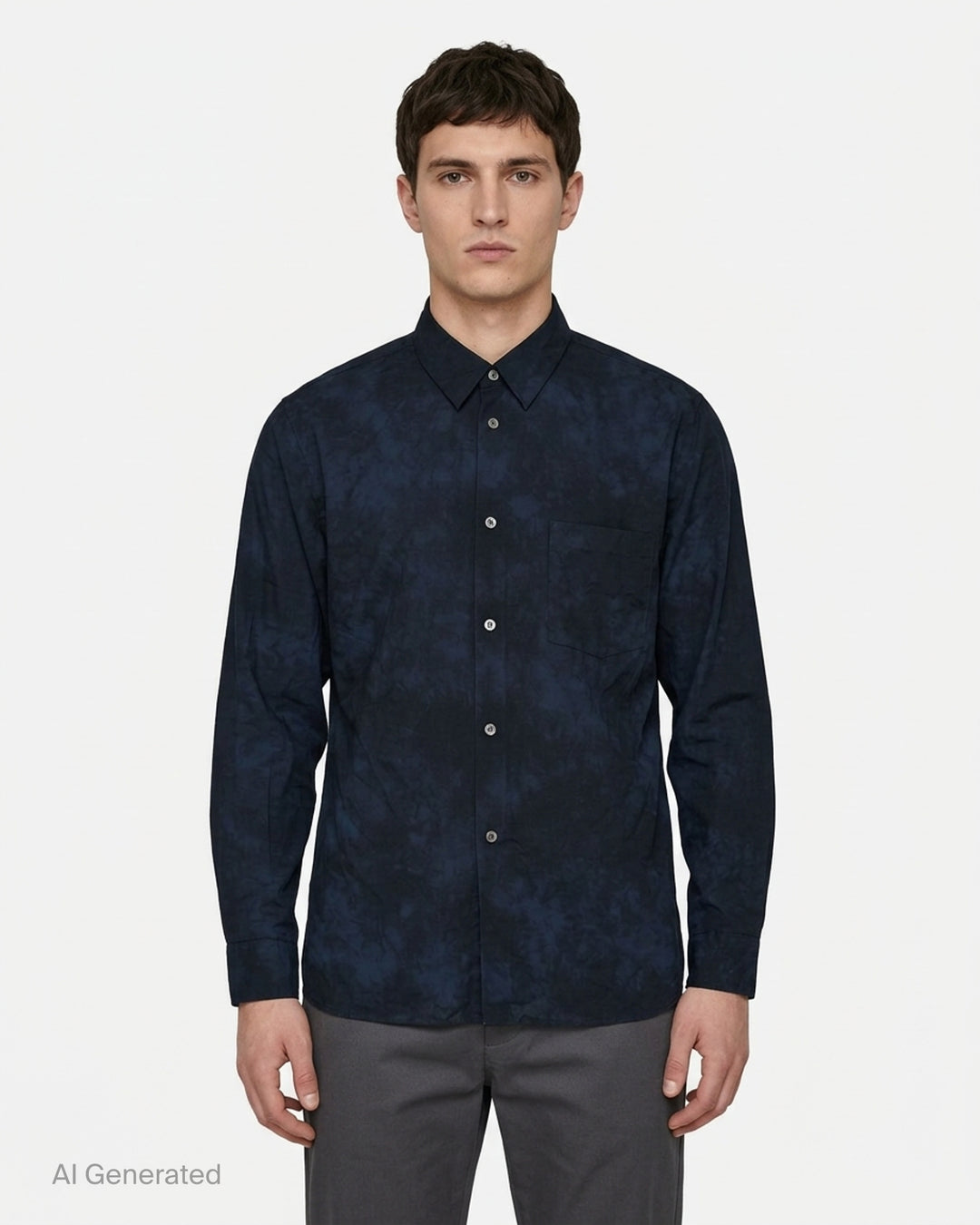 Comme des Garçons Homme Deux long sleeve button-up shirt in navy and black tie-dye with chest pocket, front view - front