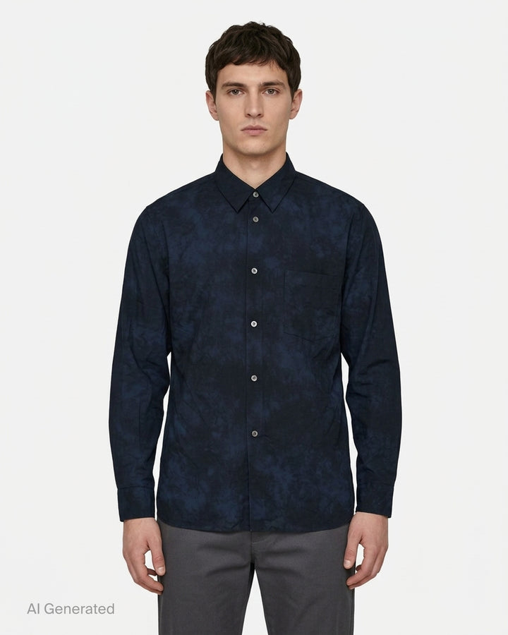 Comme des Garçons Homme Deux long sleeve button-up shirt in navy and black tie-dye with chest pocket, front view - front