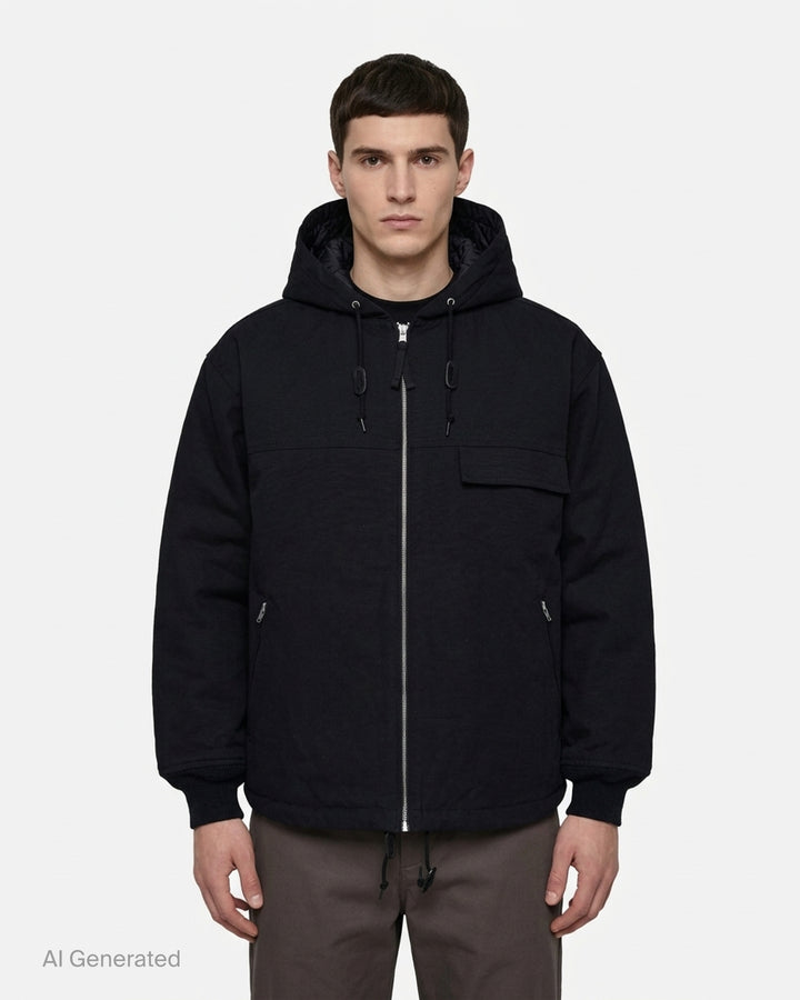 Black Comme des Garçons Homme hooded zip blouson jacket with quilted hood lining, chest flap pocket, zip hand pockets and ribbed cuffs - front