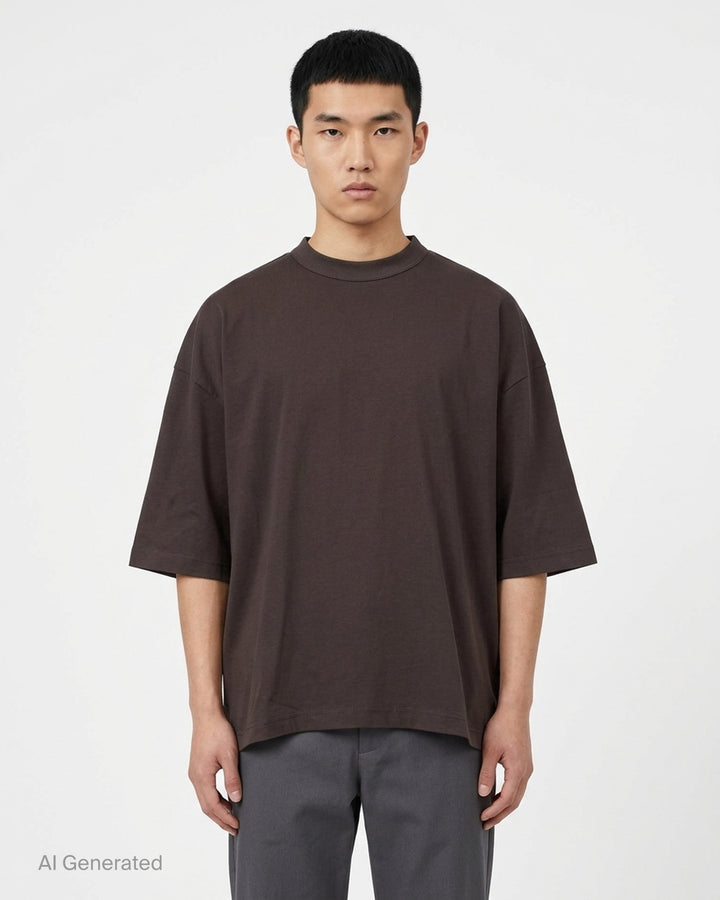 Comme des Garçons Homme Logo Tag Boxy Tee in dark brown with ribbed crewneck, dropped shoulders and wide short sleeves, shown flat from the front - front