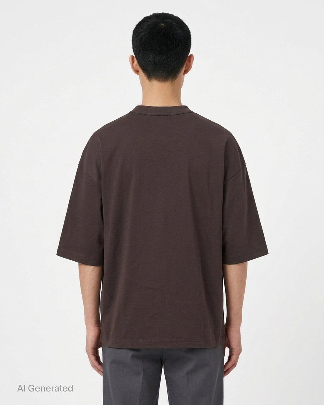 Comme des Garçons Homme Logo Tag Boxy Tee in dark brown with ribbed crewneck, dropped shoulders and wide short sleeves, shown flat from the front - back