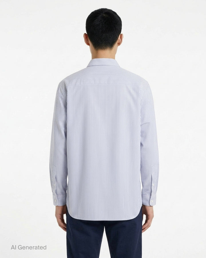 Comme des Garçons Homme long sleeve zip front shirt in blue and white pinstripe with pointed collar and chest patch pocket - back