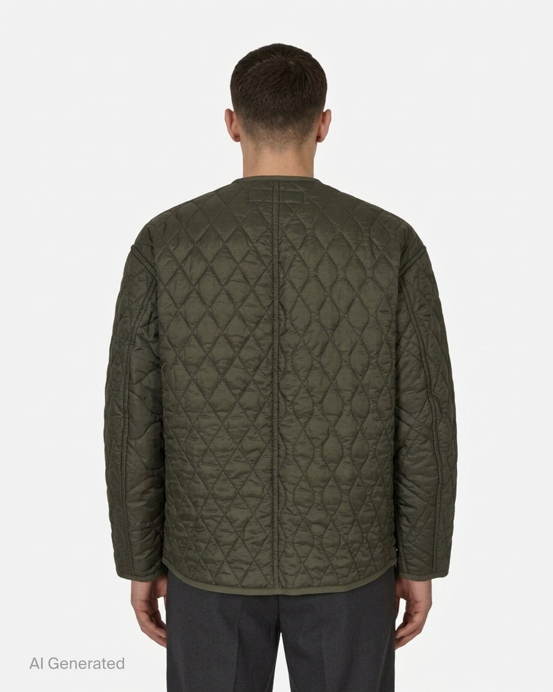 Olive green quilted ripstop nylon jacket with mixed diamond and wave quilting, collarless neckline, snap front and two patch pockets - back