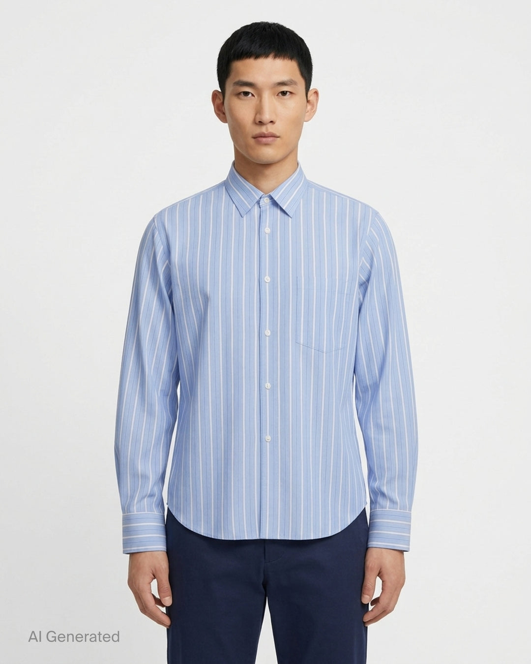 Comme des Garçons Homme Plus cotton broad stripe long sleeve shirt in sky blue with white pinstripes, featuring a relaxed fit, point collar, concealed button placket, and chest patch pocket - front