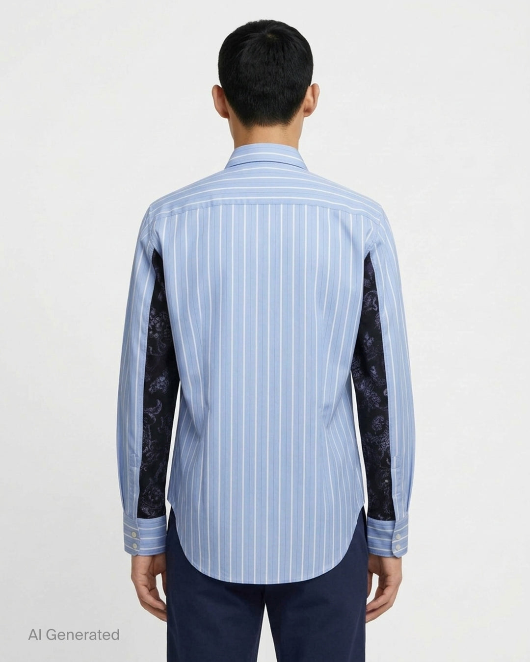 Comme des Garçons Homme Plus cotton broad stripe long sleeve shirt in sky blue with white pinstripes, featuring a relaxed fit, point collar, concealed button placket, and chest patch pocket - back