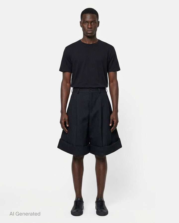 Comme des Garçons Homme Plus black double weave wool wide-leg shorts with deep pleats, button fly, and folded turn-up cuffs, shown flat on white background - front