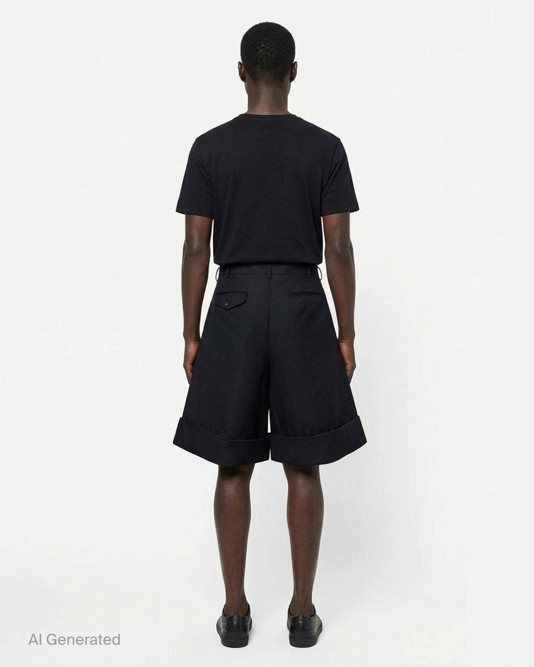 Comme des Garçons Homme Plus black double weave wool wide-leg shorts with deep pleats, button fly, and folded turn-up cuffs, shown flat on white background - back
