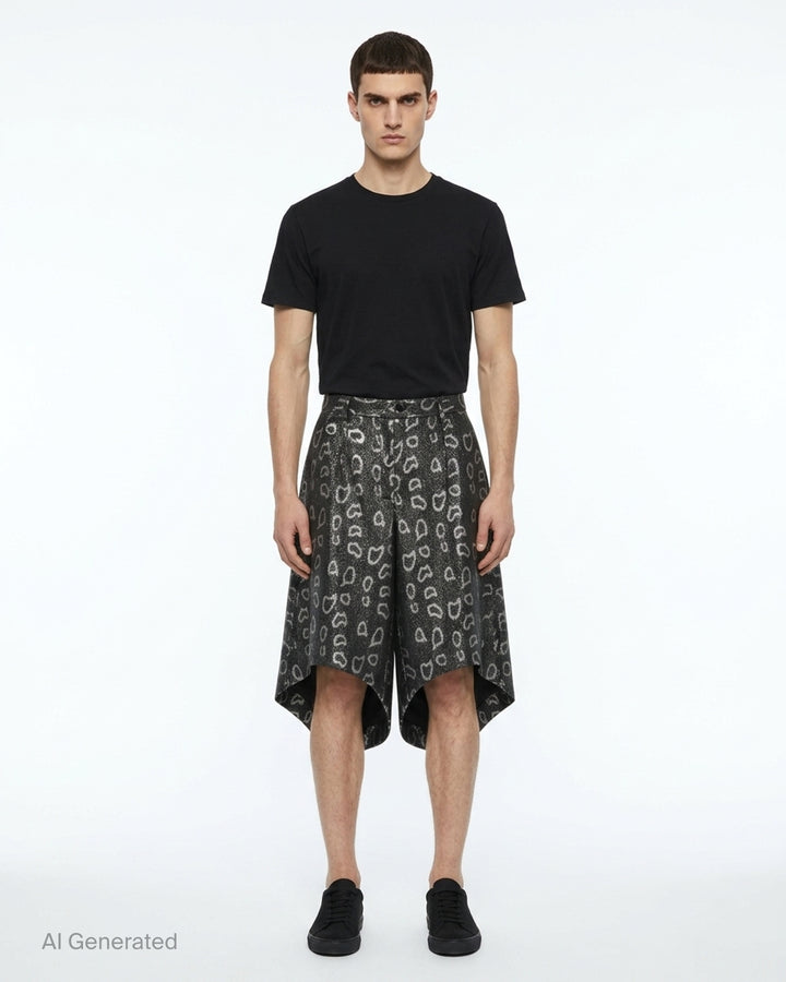 Comme des Garçons Homme Plus wide-leg pants in dark metallic polyester jacquard with an allover open-heart print and dramatically flared curved hem - front