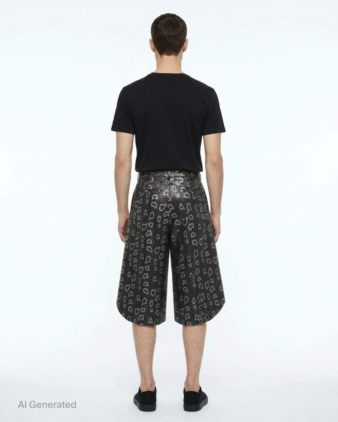 Comme des Garçons Homme Plus wide-leg pants in dark metallic polyester jacquard with an allover open-heart print and dramatically flared curved hem - back