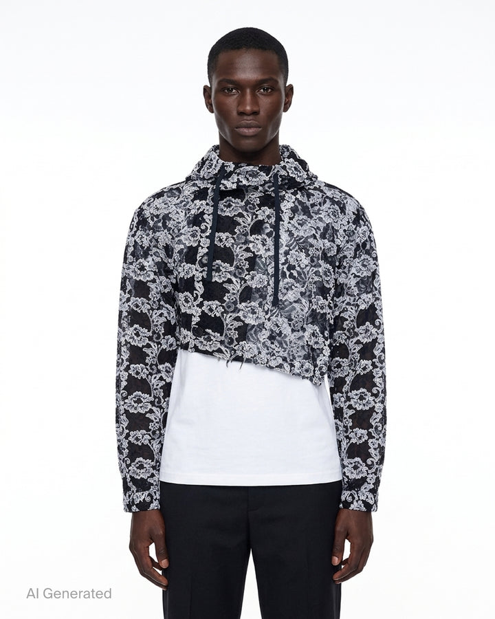 Comme des Garçons Homme Plus cropped hooded jacket in black and white floral embroidered nylon tulle with asymmetric raw hem and drawstring hood - front