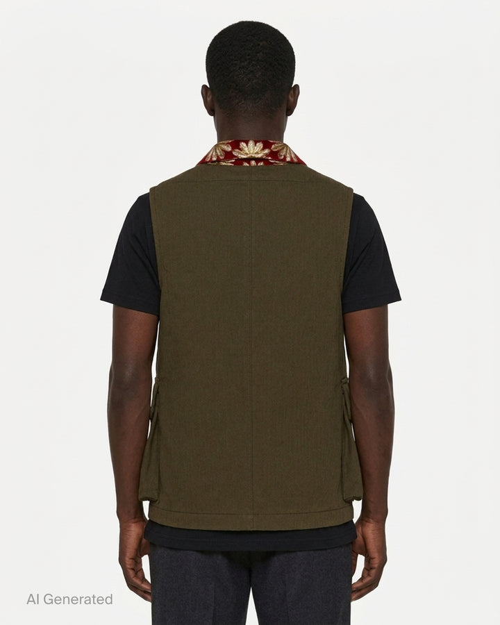 Comme des Garçons Homme Plus olive herringbone vest with floral jacquard lining, notched lapel, button front and two flap pockets - back