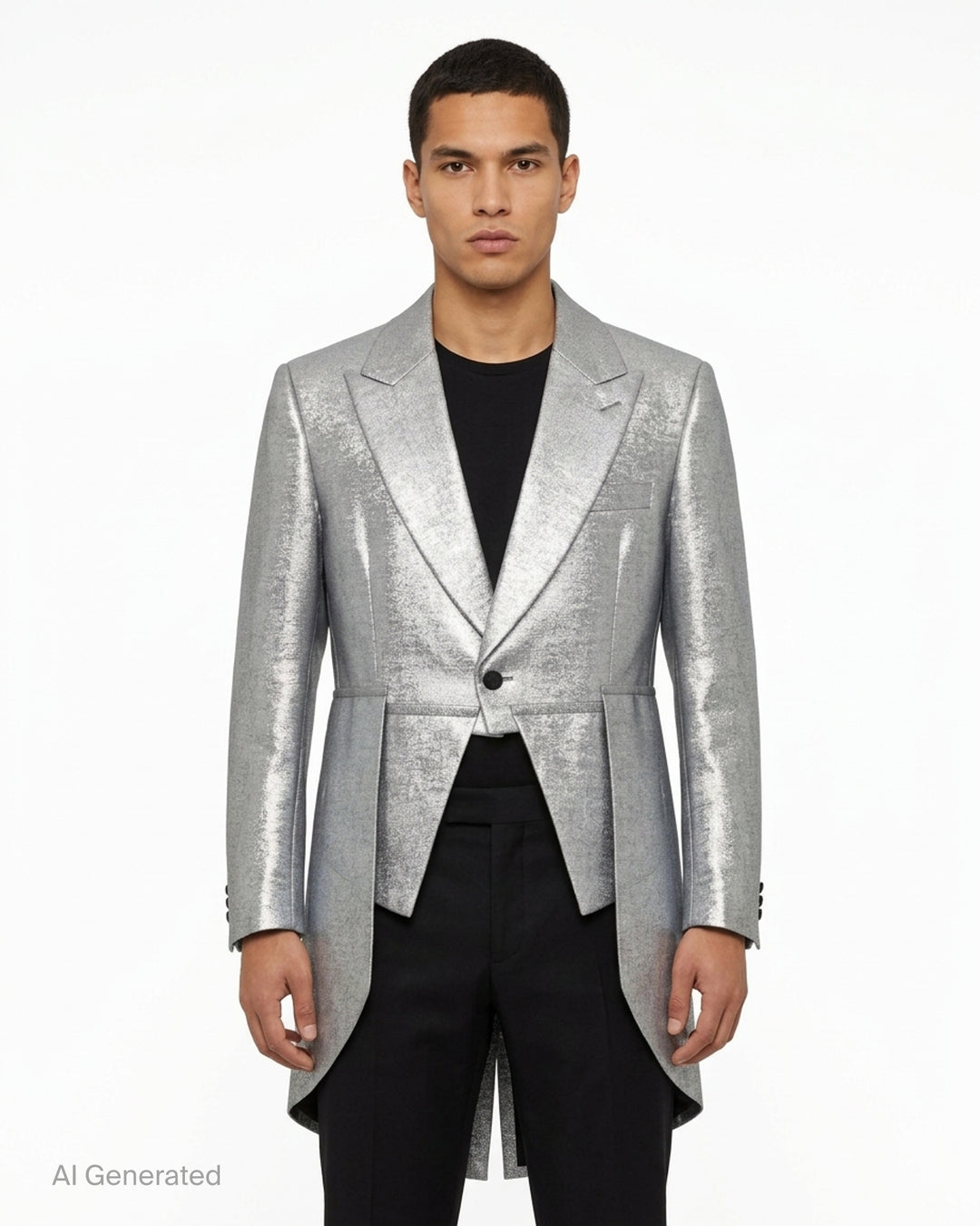 Comme des Garçons Homme Plus silver foil print polyester georgette tailcoat jacket with peak lapels, single-button closure, and dramatic split tails with black lining - front
