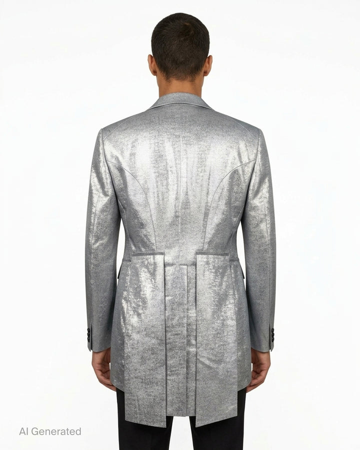 Comme des Garçons Homme Plus silver foil print polyester georgette tailcoat jacket with peak lapels, single-button closure, and dramatic split tails with black lining - back