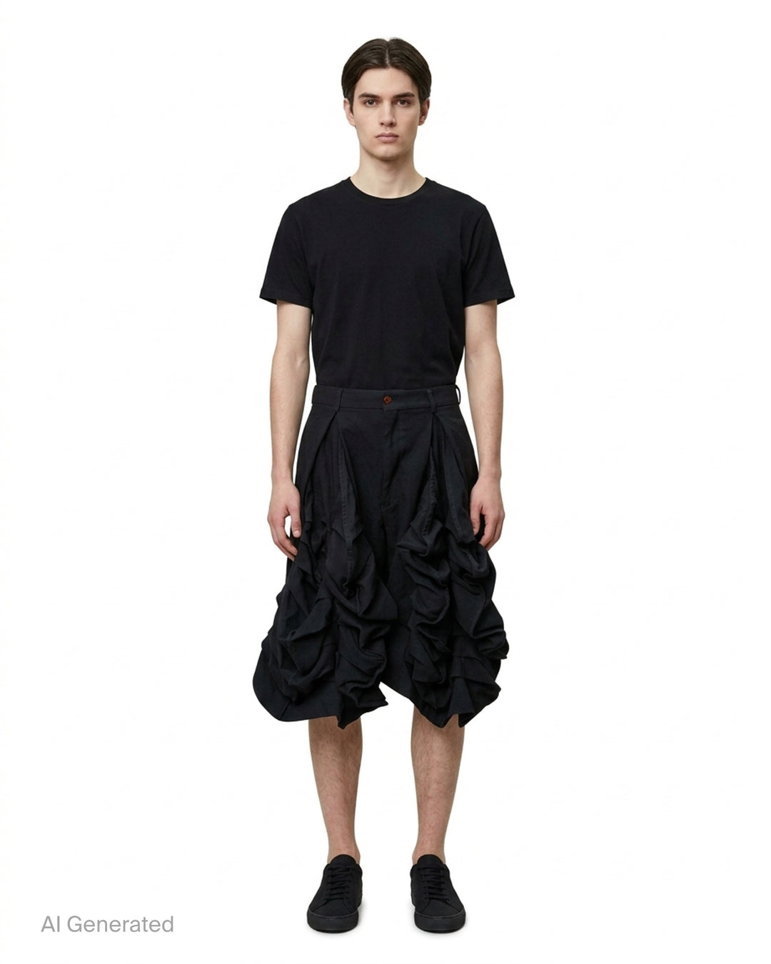 Comme des Garçons Homme Plus garment-dyed black polyester serge shorts with dramatic ruched ruffle detailing and structured waistband, front view - front