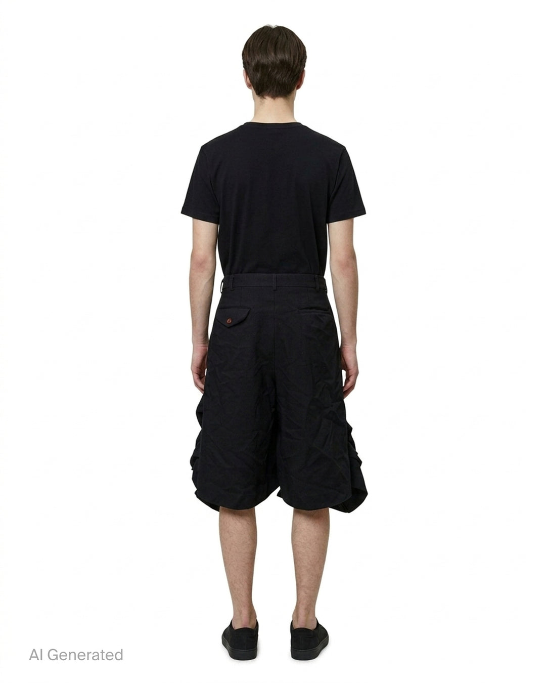 Comme des Garçons Homme Plus garment-dyed black polyester serge shorts with dramatic ruched ruffle detailing and structured waistband, front view - back