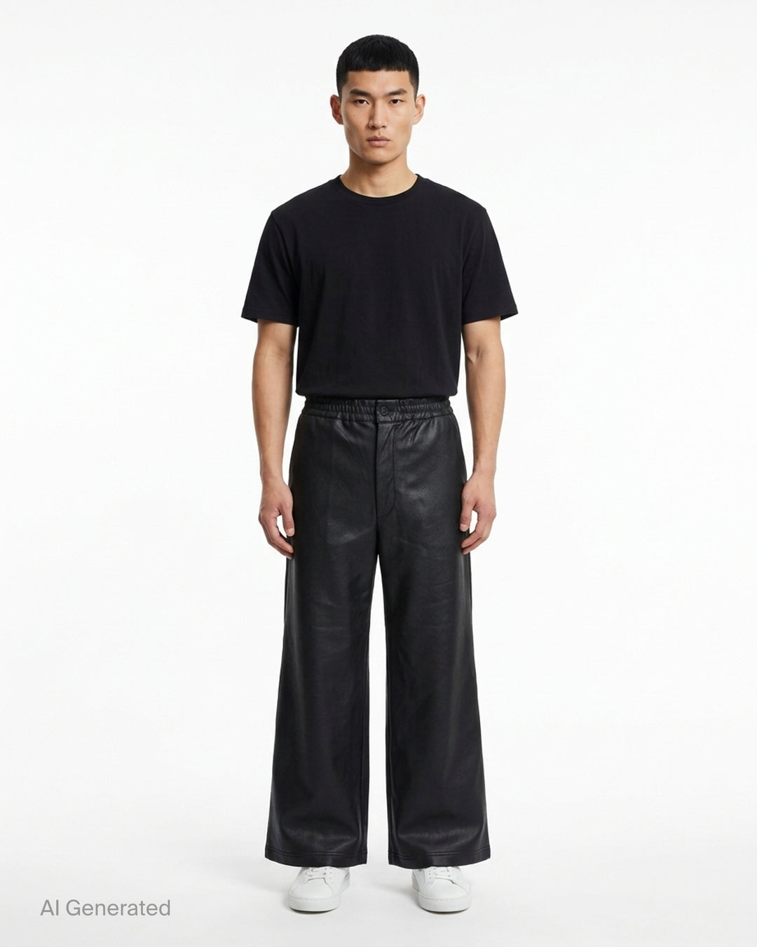 Comme des Garçons Homme Plus black gloss finish wide-leg flared pants with elasticated waistband, shown from the front - front