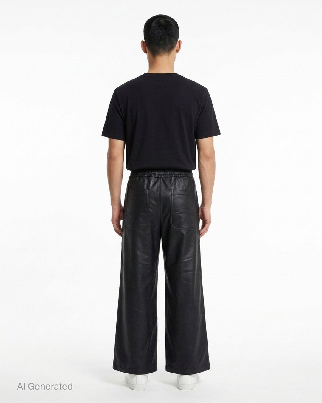 Comme des Garçons Homme Plus black gloss finish wide-leg flared pants with elasticated waistband, shown from the front - back