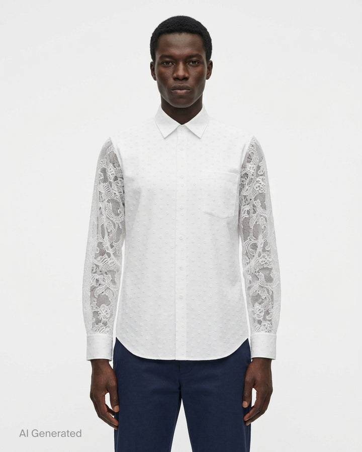 Comme des Garçons Homme Plus white long-sleeve shirt with jacquard dot body and floral lace sleeves, shown flat on a white background - front