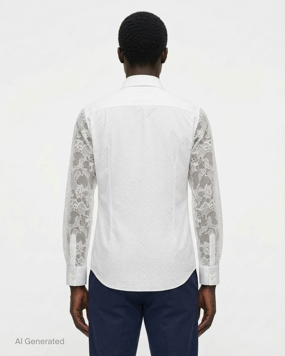 Comme des Garçons Homme Plus white long-sleeve shirt with jacquard dot body and floral lace sleeves, shown flat on a white background - back