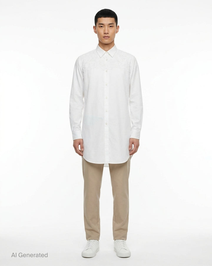Comme des Garçons Homme Plus white long sleeve shirt with tonal lace floral yoke panel, pearlescent button fastening, and an elongated relaxed silhouette - front
