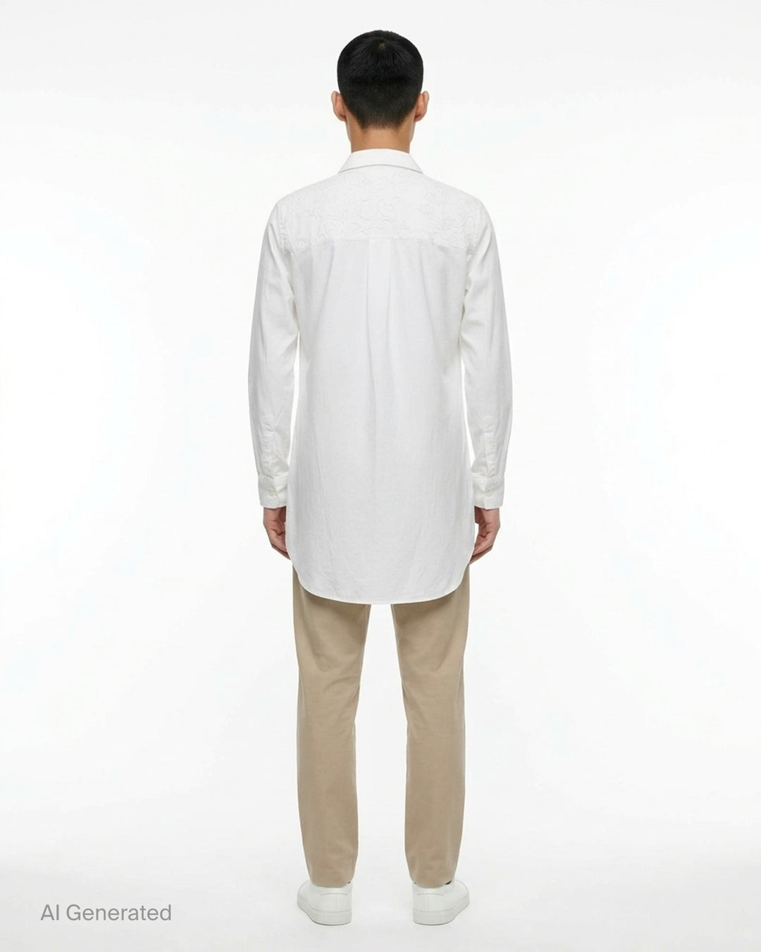 Comme des Garçons Homme Plus white long sleeve shirt with tonal lace floral yoke panel, pearlescent button fastening, and an elongated relaxed silhouette - back