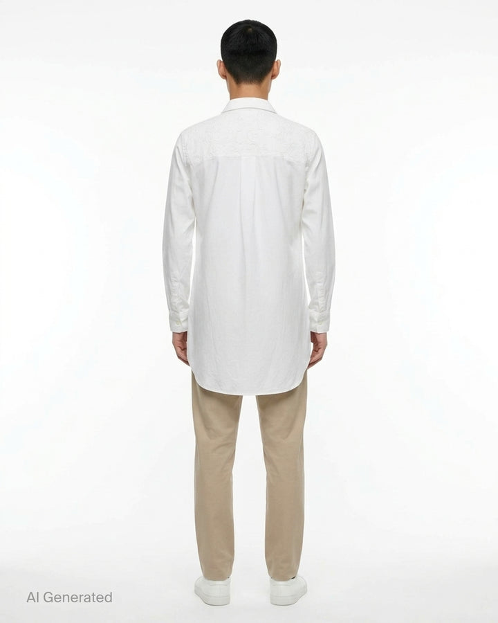 Comme des Garçons Homme Plus white long sleeve shirt with tonal lace floral yoke panel, pearlescent button fastening, and an elongated relaxed silhouette - back