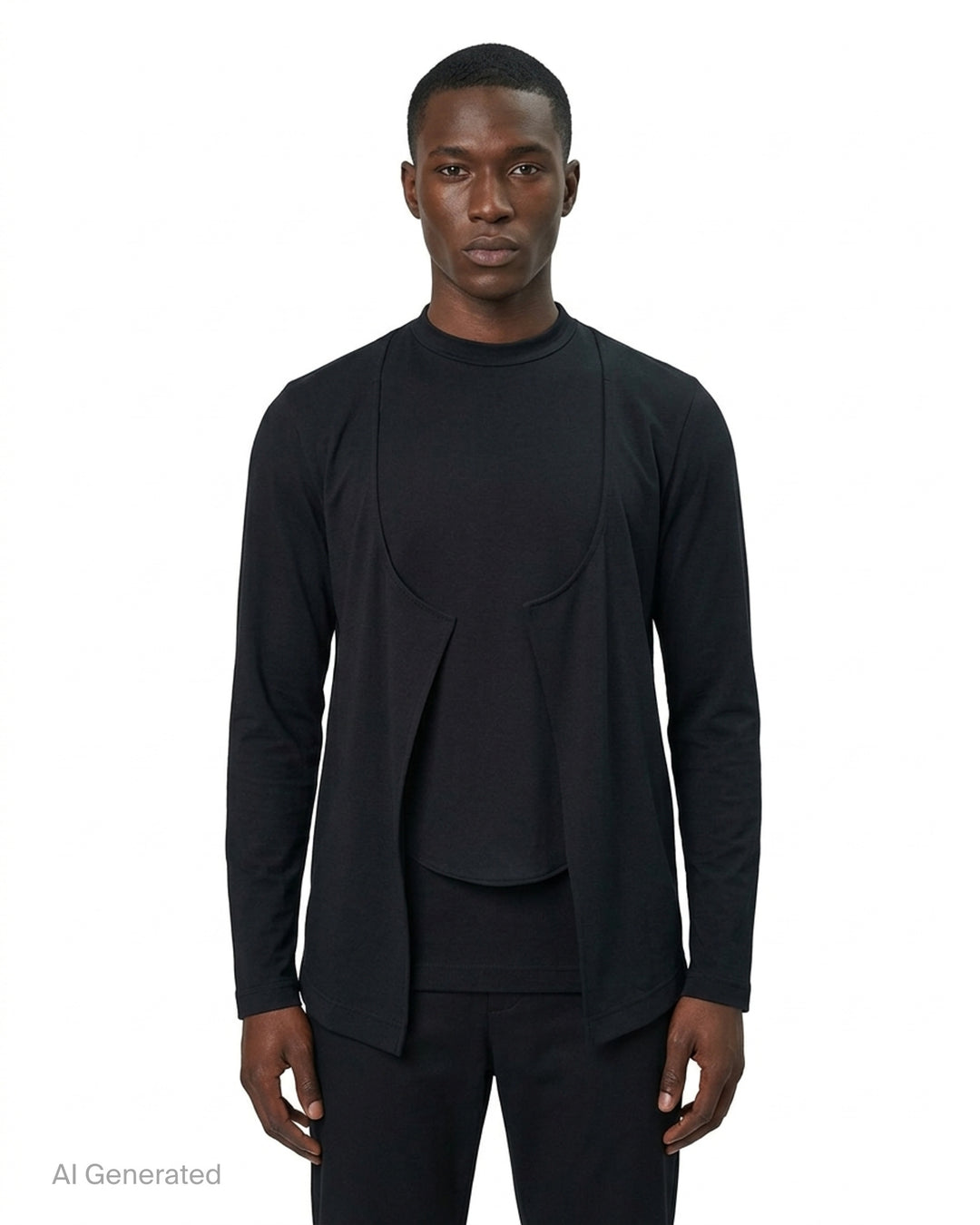 Comme des Garçons Homme Plus black long-sleeve polyester jersey tee with sculptural curved overlay bib panel and open split hem, displayed flat on white background - front