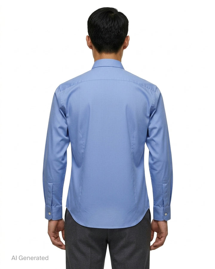 Comme des Garçons Homme Plus long sleeve cornflower blue cotton shirt with black and blue floral jacquard contrast panel down the centre front placket - back