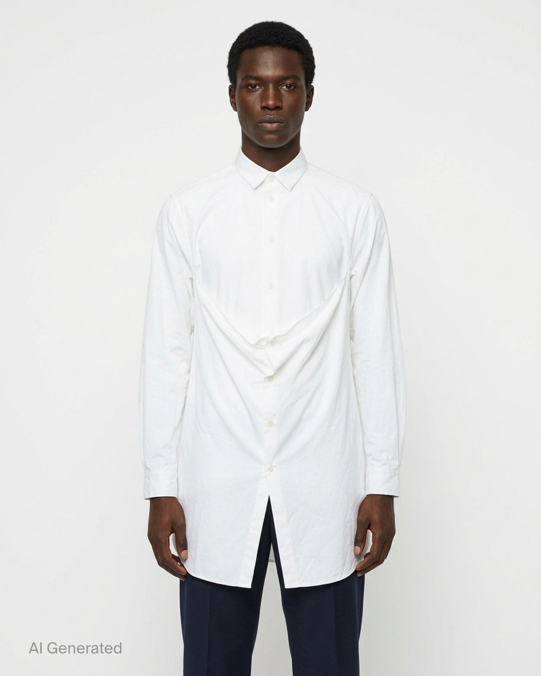 Comme des Garçons Homme Plus black long sleeve shirt with draped and gathered fabric panel at the front torso, silver-tone buttons, point collar, and extended hem with vent - front