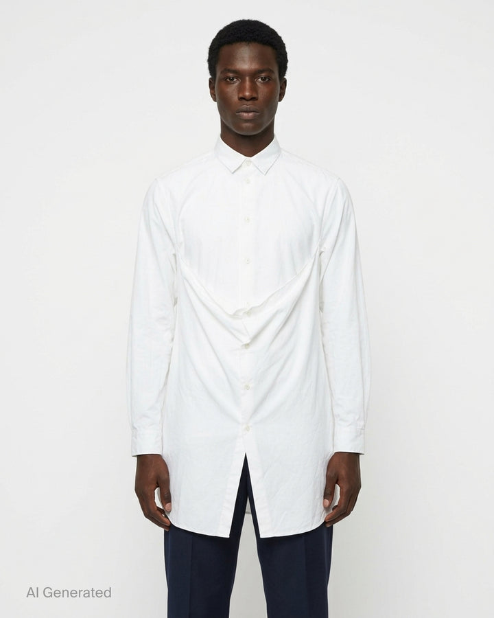 Comme des Garçons Homme Plus black long sleeve shirt with draped and gathered fabric panel at the front torso, silver-tone buttons, point collar, and extended hem with vent - front