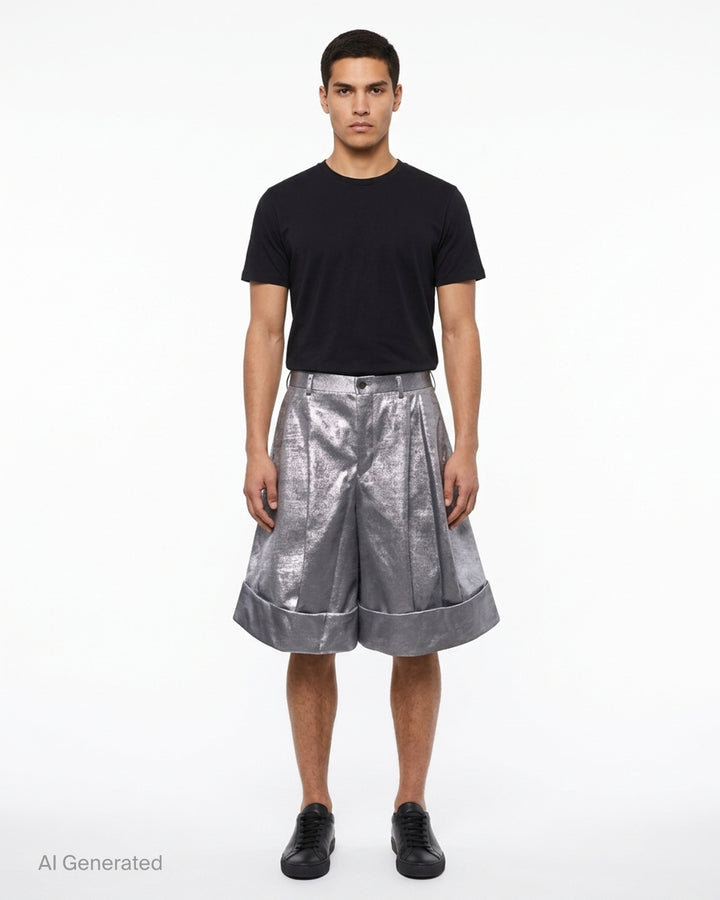 Comme des Garçons Homme Plus metallic silver foil polyester georgette wide-leg pleated shorts with turn-up cuffs and high-rise waistband - front