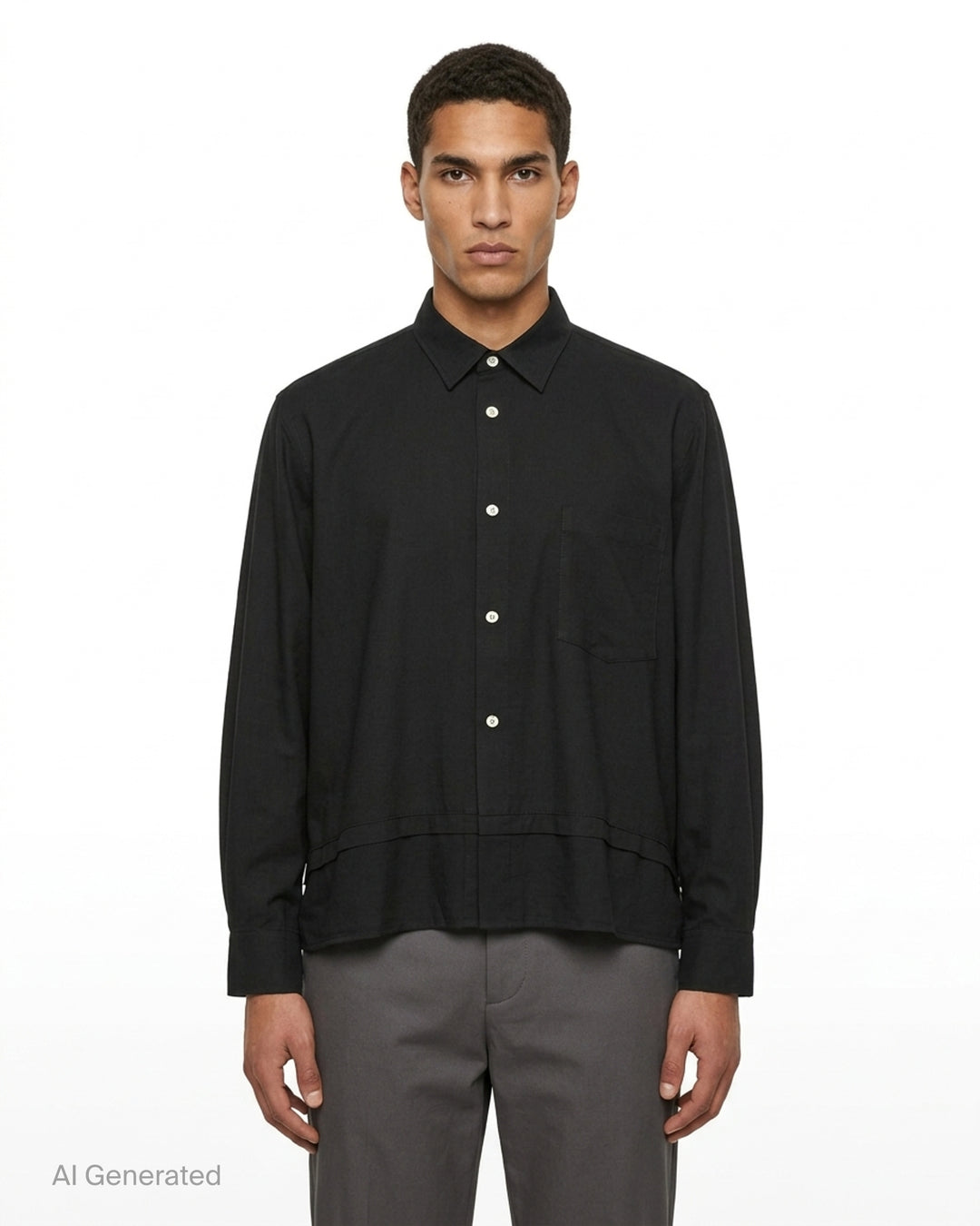 Comme des Garçons Homme Plus black polyester broad long sleeve shirt with layered hem, chest pocket, and mother-of-pearl button fastening, front view - front