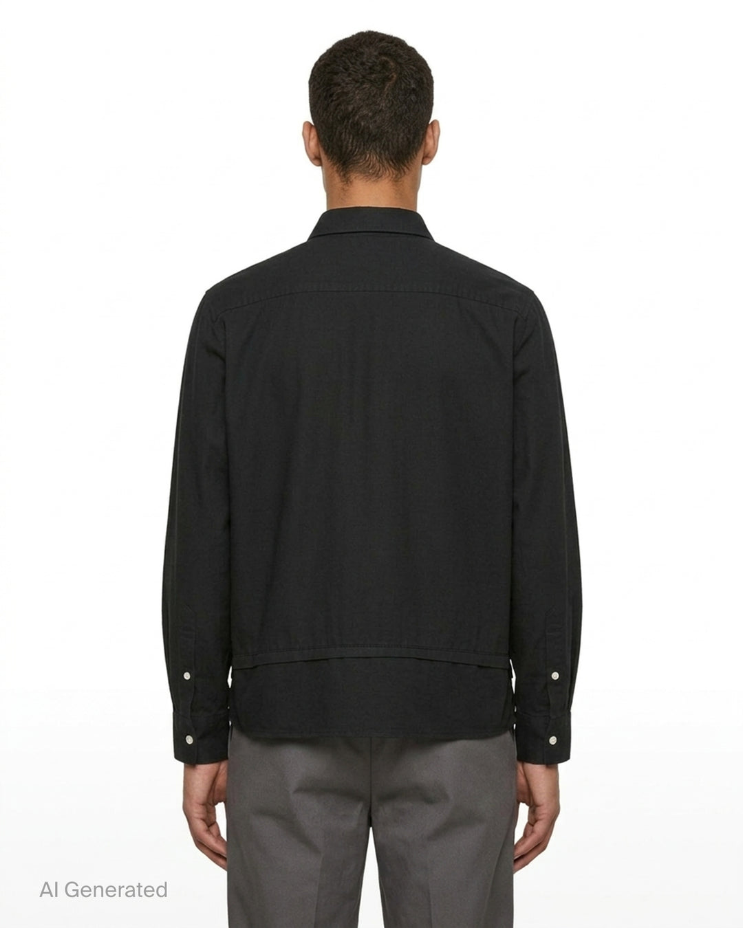 Comme des Garçons Homme Plus black polyester broad long sleeve shirt with layered hem, chest pocket, and mother-of-pearl button fastening, front view - back