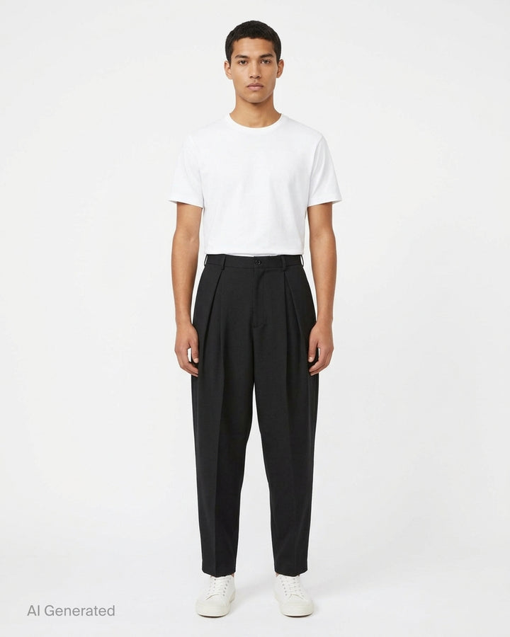 Comme des Garçons Homme Plus wool gabardine double-pleat high-rise tapered trousers in dark charcoal, flat lay on white background - front