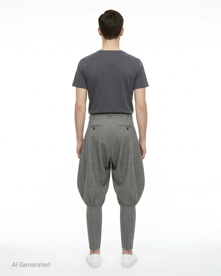 Comme des Garçons Homme Plus wool glen-check balloon pants in monochrome micro-houndstooth, featuring a dramatically voluminous upper leg gathered below the knee and tapering to a slim ankle, shown flat on white background - back