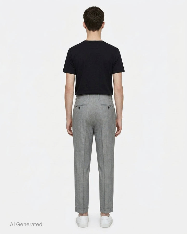 Comme des Garçons Homme Plus grey wool glen-check double-pleat tapered trousers on a white background, front view - back