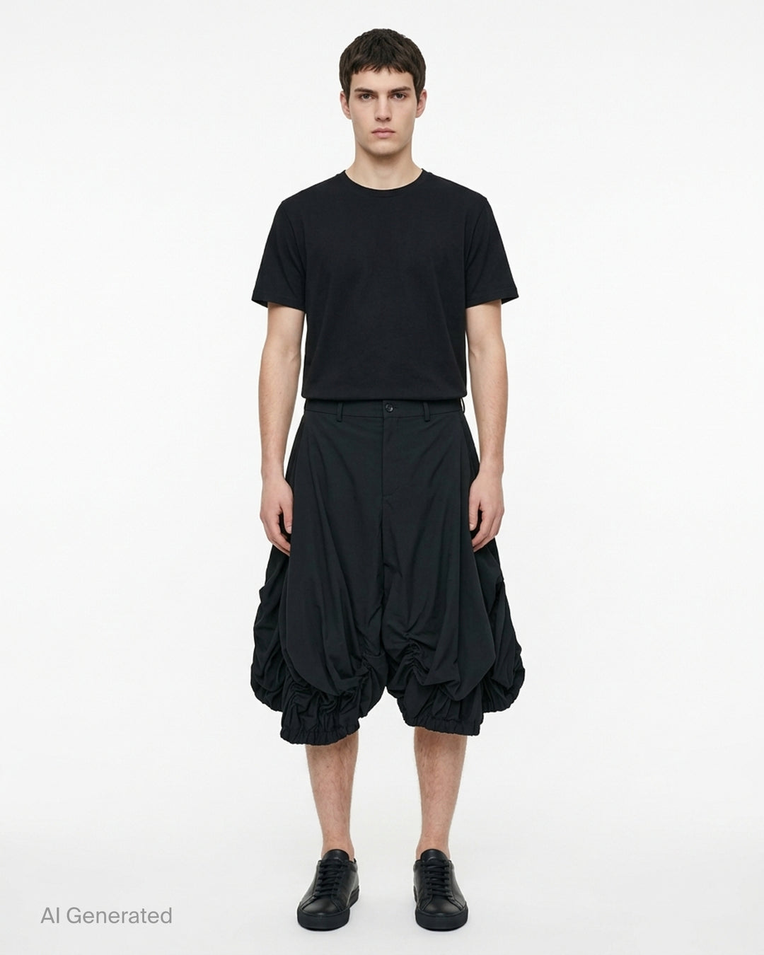 Comme des Garçons Homme Plus Wool Tropical Balloon Shorts in black, featuring a structured waistband and multiple ruched elasticated bubble hems, flat lay on white background - front