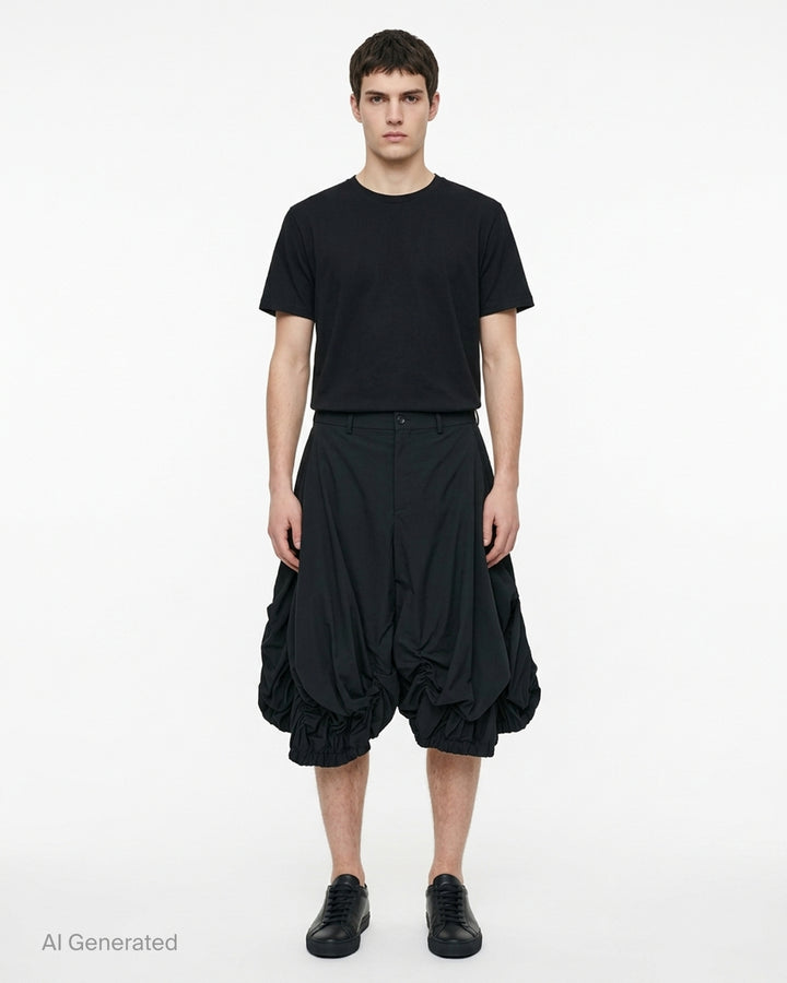 Comme des Garçons Homme Plus Wool Tropical Balloon Shorts in black, featuring a structured waistband and multiple ruched elasticated bubble hems, flat lay on white background - front