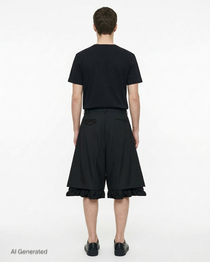 Comme des Garçons Homme Plus Wool Tropical Balloon Shorts in black, featuring a structured waistband and multiple ruched elasticated bubble hems, flat lay on white background - back
