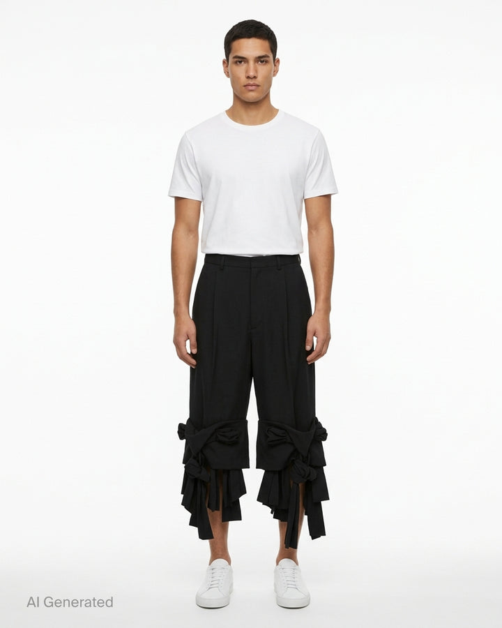 Comme des Garçons Homme Plus black wool tropical wide-leg pants with sculptural knotted bow and cascading ribbon hem trim, front view on white background - front