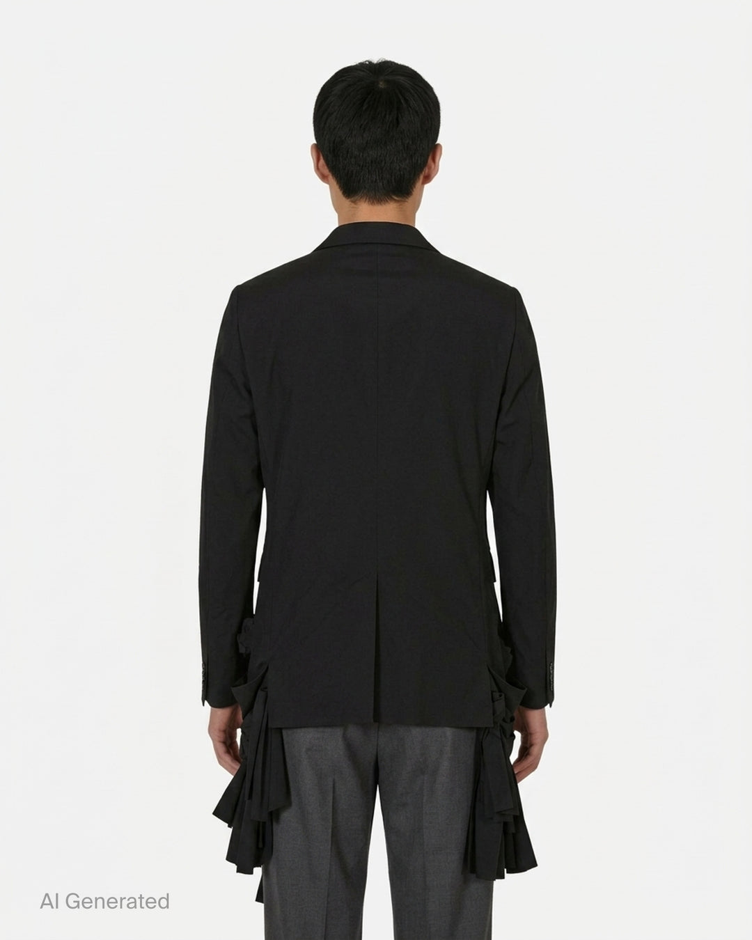 Comme des Garçons Homme Plus black tropical wool single-breasted jacket with gathered fabric loop appliqués across the body and cascading deconstructed strip detailing at the hem, front view on white background - back
