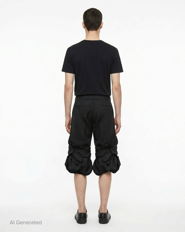 Comme des Garçons Homme Plus black wool tropical shorts with knotted fabric floral clusters and voluminous ruffled hem, front view on white background - back