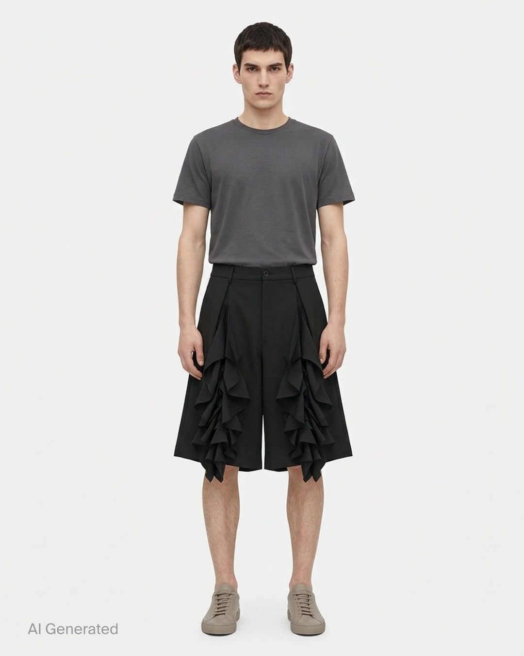 Comme des Garçons Homme Plus black wool tropical wide-leg shorts with cascading ruffle panels on the front, high-rise waistband with belt loops and single button fastening, on a white background - front