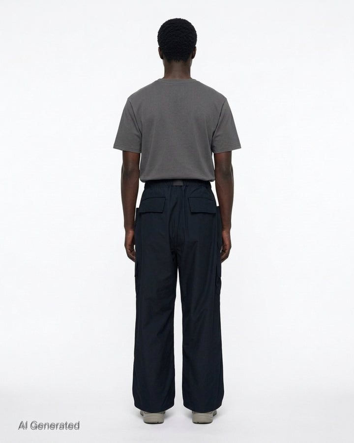 Black wide-leg cotton twill cargo pants with buckle webbing belt and flap utility pockets by Comme des Garçons Homme - back